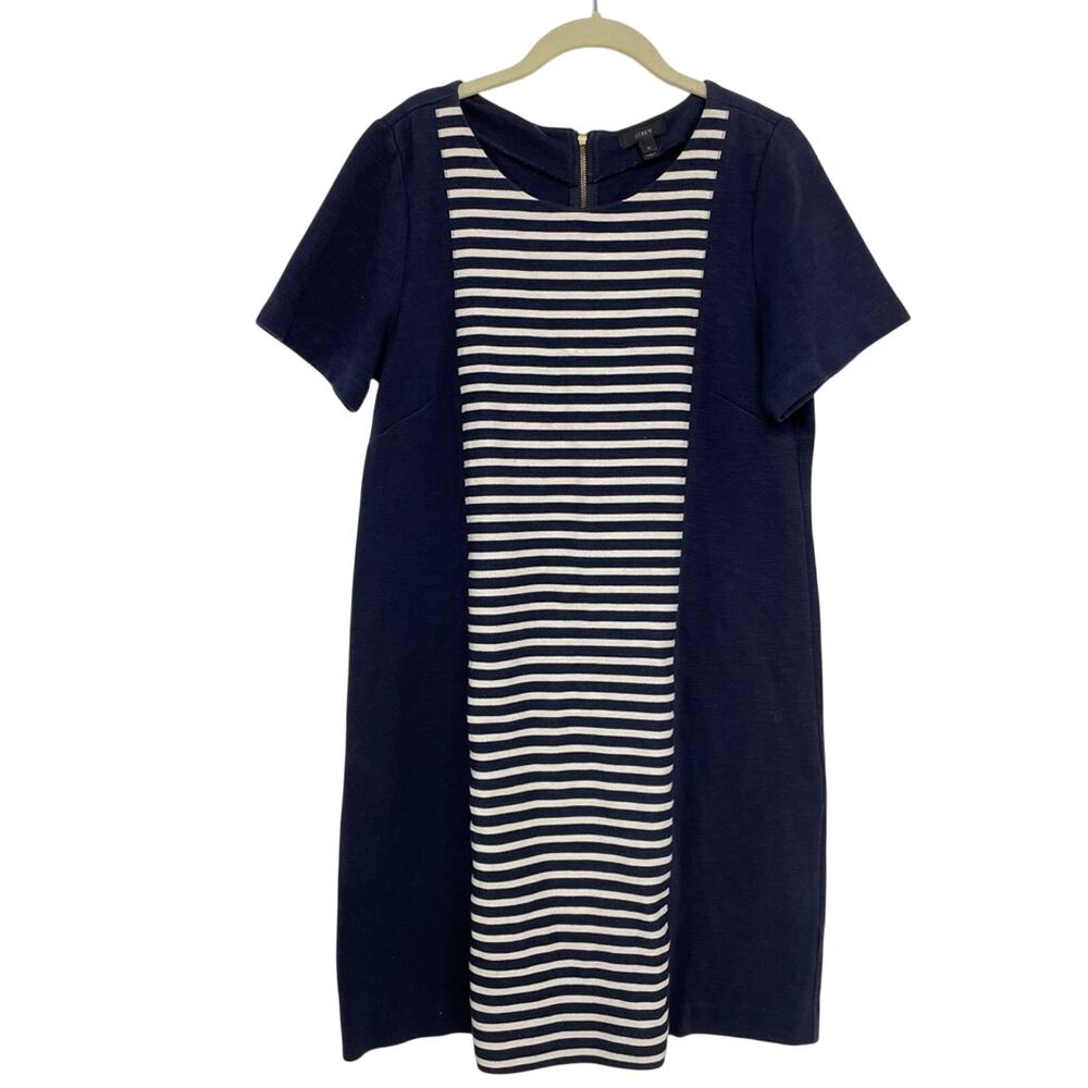 J Crew Navy Blue Striped Short Sleeve Sheath Dress Womens 12 Preppy Career Mini